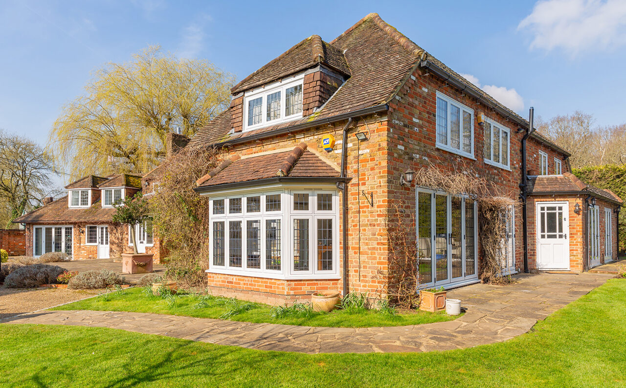 House Fluch Casement Windows with Bay and French Patio Doors Alll White Sheerwater Glass